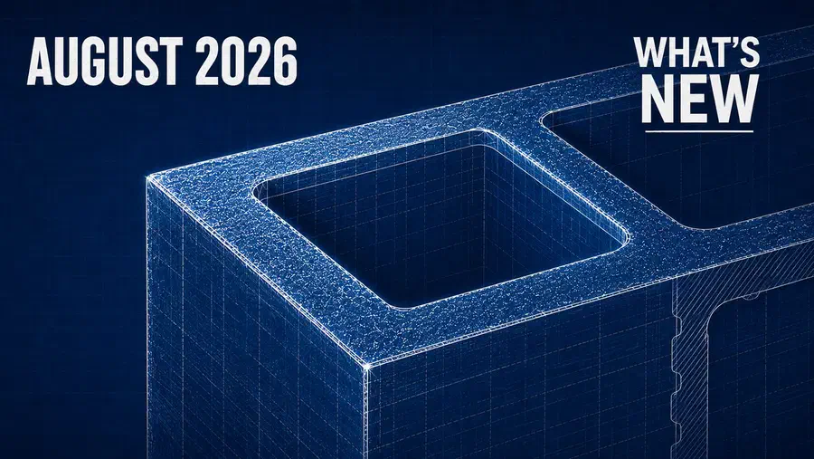 Blueprint-style concrete block illustration for Cinderblock’s August 2026 product updates.