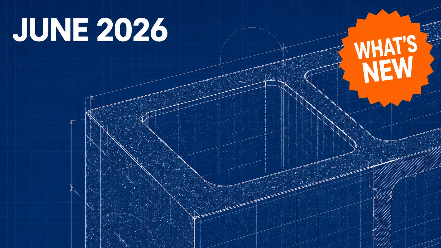 Architectural blueprint cover featuring a dramatically cropped cinder block rendered in detailed white drafting lines on a deep blue blueprint background, with large “JUNE 2026” text in the top-left corner.