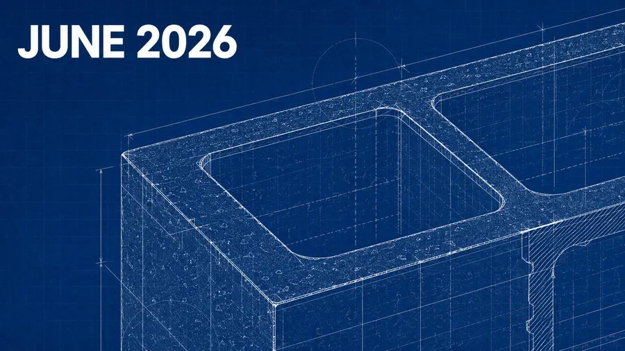Architectural blueprint cover featuring a dramatically cropped cinder block rendered in detailed white drafting lines on a deep blue blueprint background, with large “JUNE 2026” text in the top-left corner.