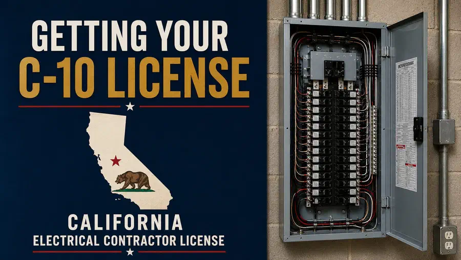 California C-10 electrical contractor license guide with California map and open electrical breaker panel.