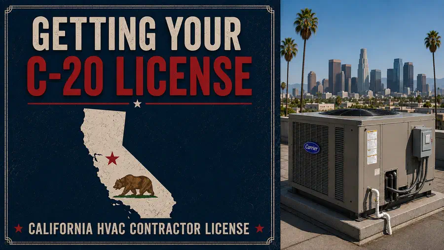 California C-20 HVAC contractor license guide with California map and commercial rooftop HVAC unit.