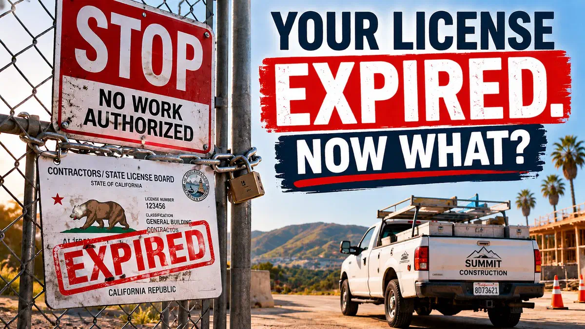 Expired California contractor license displayed on a locked jobsite gate with a contractor truck parked outside.