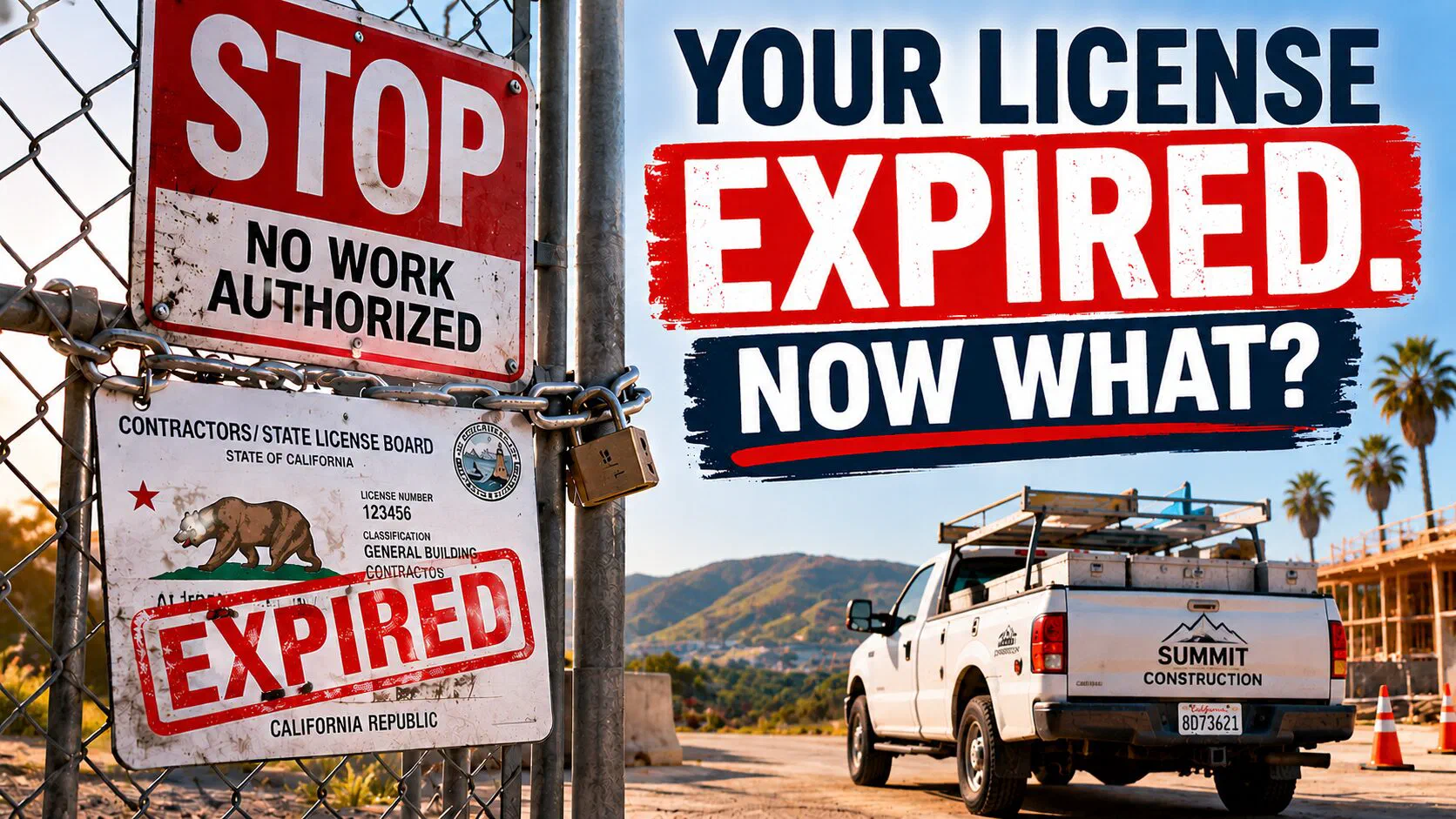 Expired California contractor license displayed on a locked jobsite gate with a contractor truck parked outside.
