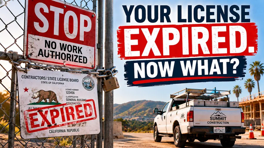 Expired California contractor license displayed on a locked jobsite gate with a contractor truck parked outside.