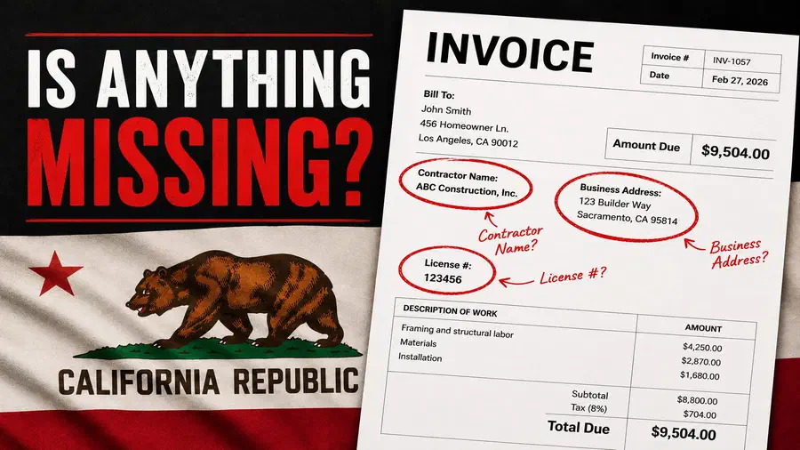 California contractor invoice with highlighted license number, business address, and contractor name against a California flag background.