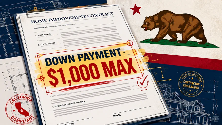 California home improvement contract highlighting the state's $1,000 contractor down payment limit, with California flag imagery and construction blueprints in the background.