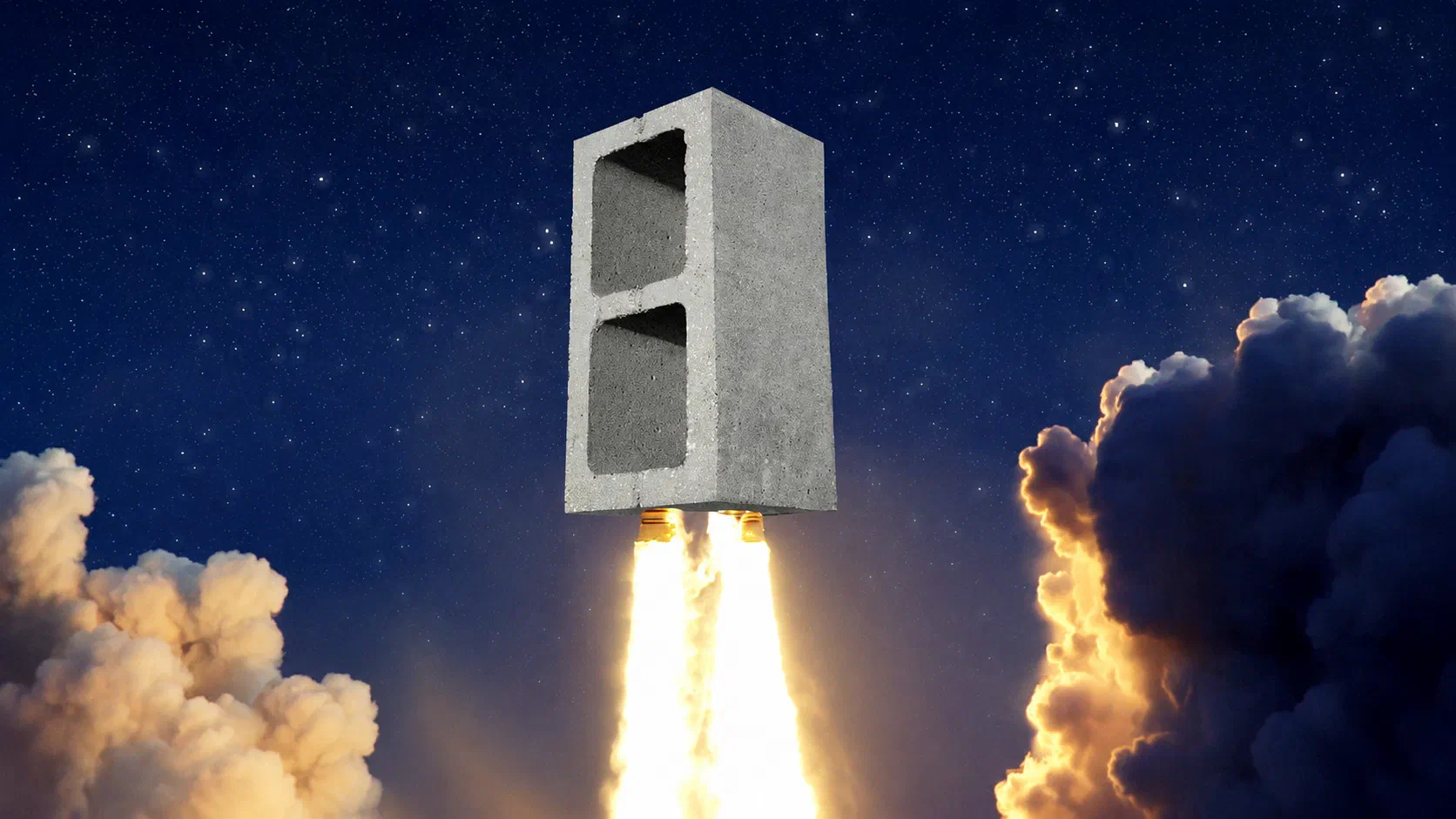 A concrete cinder block launching like a rocket through a starry night sky, with bright exhaust flames and dramatic clouds illuminated below.