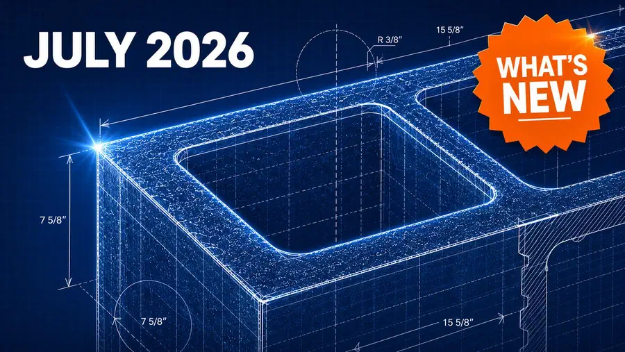 Blueprint-style illustration of a concrete block with the text "July 2026" and a "What's New" badge on a dark blue technical drawing background.
