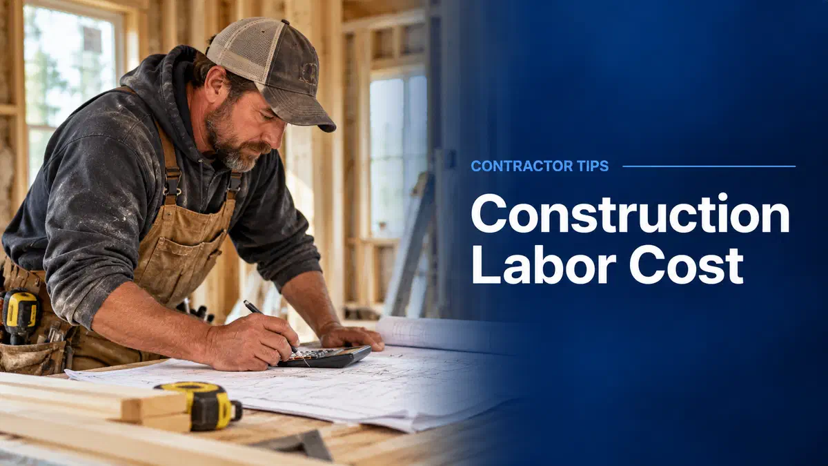 Small construction contractor calculating labor costs using a calculator and building plans at a residential job site