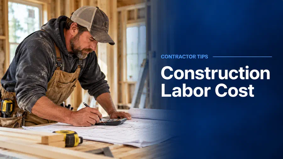 Small construction contractor calculating labor costs using a calculator and building plans at a residential job site