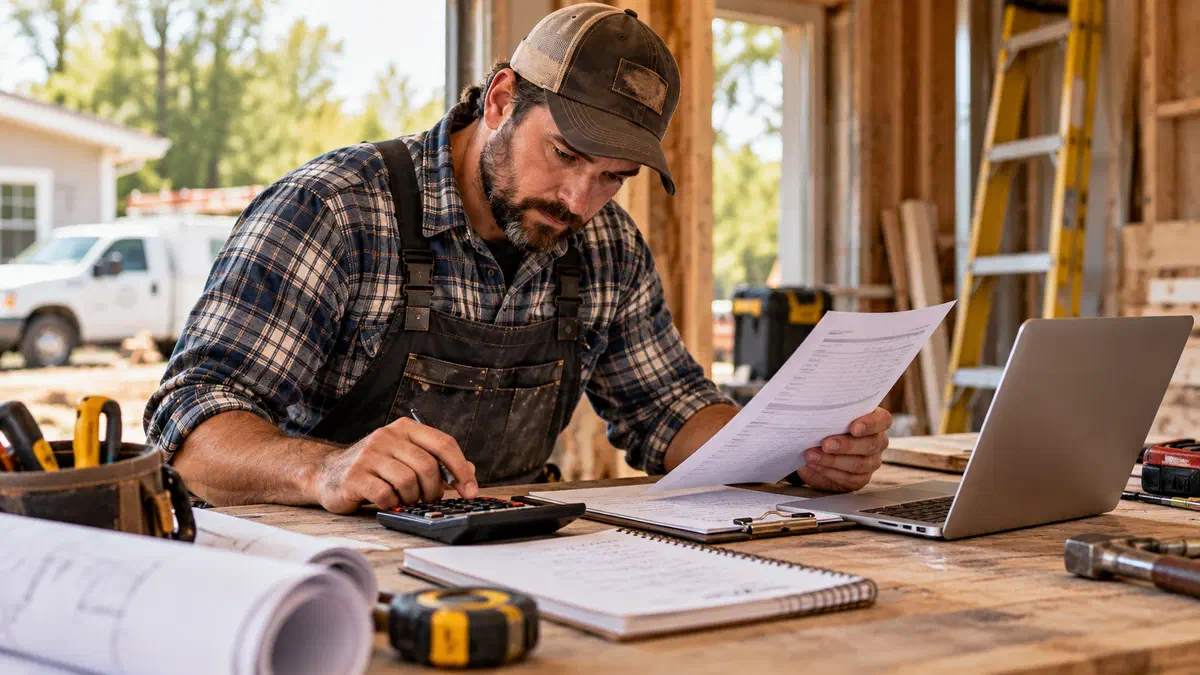 Residential contractor reviewing job costs and a construction estimate at a workbench.