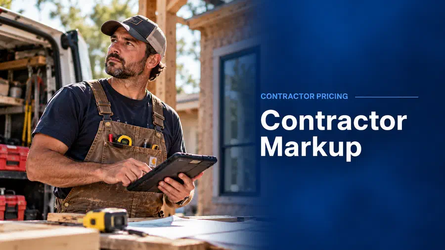 Contractor at a residential construction site with Contractor Markup title overlay.