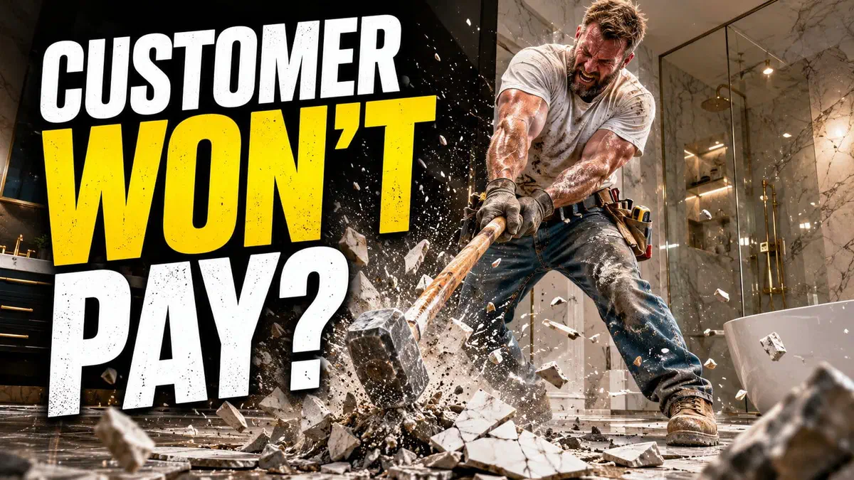 Enraged contractor smashing a marble bathroom floor with a sledgehammer over an unpaid invoice.