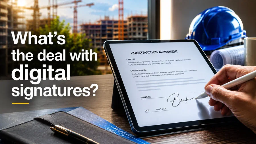 Close-up of a construction contract being digitally signed on a tablet inside a modern contractor office, with a blue hard hat, architectural plans, and large text reading “What’s the deal with digital signatures?” in the background.