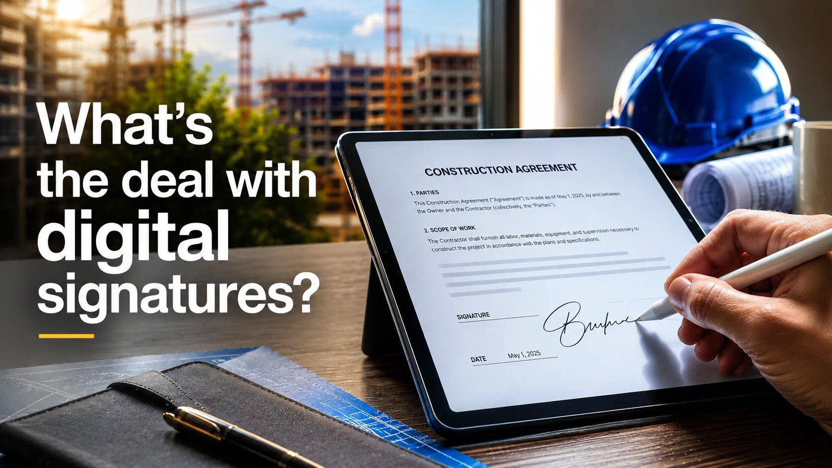 Close-up of a construction contract being digitally signed on a tablet inside a modern contractor office, with a blue hard hat, architectural plans, and large text reading “What’s the deal with digital signatures?” in the background.