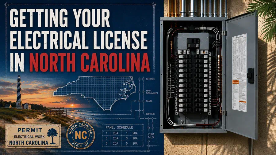 Electrical panel with North Carolina-themed blueprint graphics and the title "Getting Your Electrical License in North Carolina."