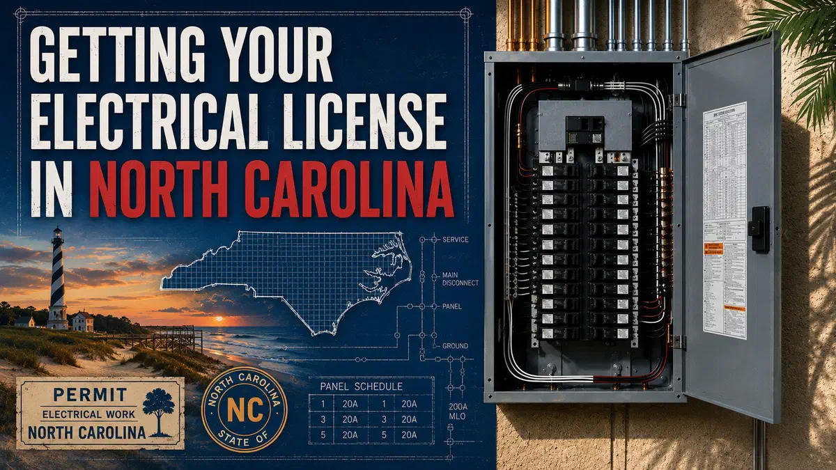 Electrical panel with North Carolina-themed blueprint graphics and the title "Getting Your Electrical License in North Carolina."