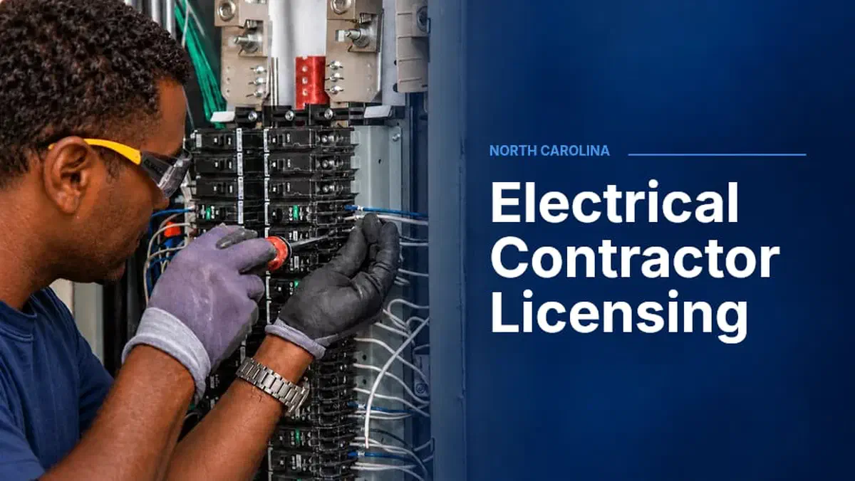 Electrical panel with North Carolina-themed blueprint graphics and the title "Getting Your Electrical License in North Carolina."