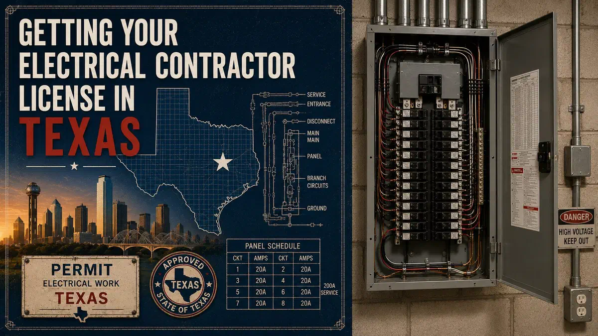 Open electrical breaker panel in an indoor utility room beside a Texas-themed graphic about getting an electrical contractor license in Texas.