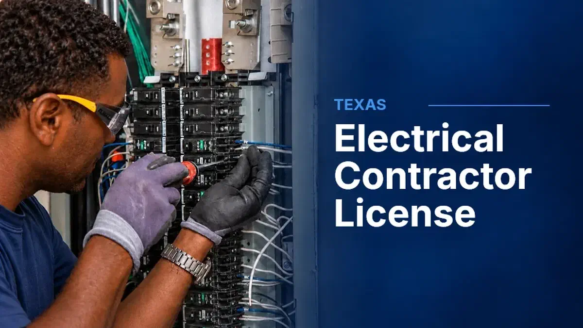 Electrician working in an open breaker panel, beside “Electrical Contractor License” and the label “Texas.”