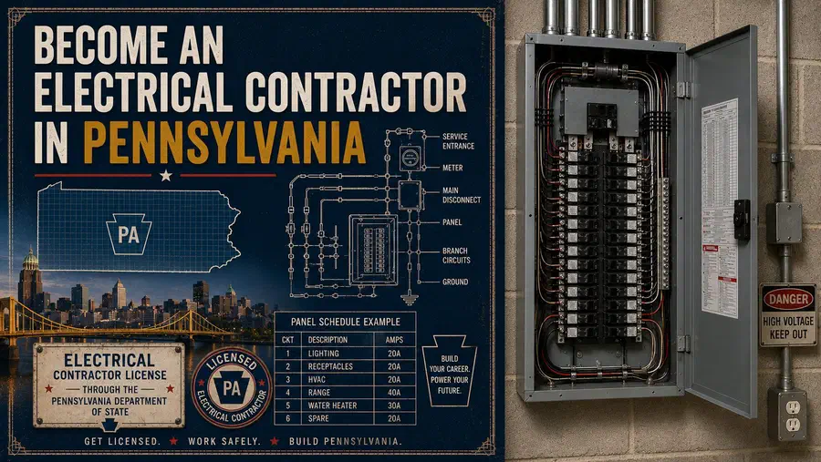 Open electrical breaker panel in an indoor utility room beside a Pennsylvania-themed graphic about becoming an electrical contractor.