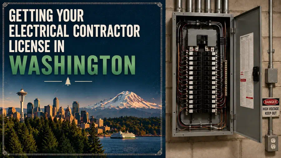Getting your electrical contractor license in Washington, with Seattle skyline and electrical panel.