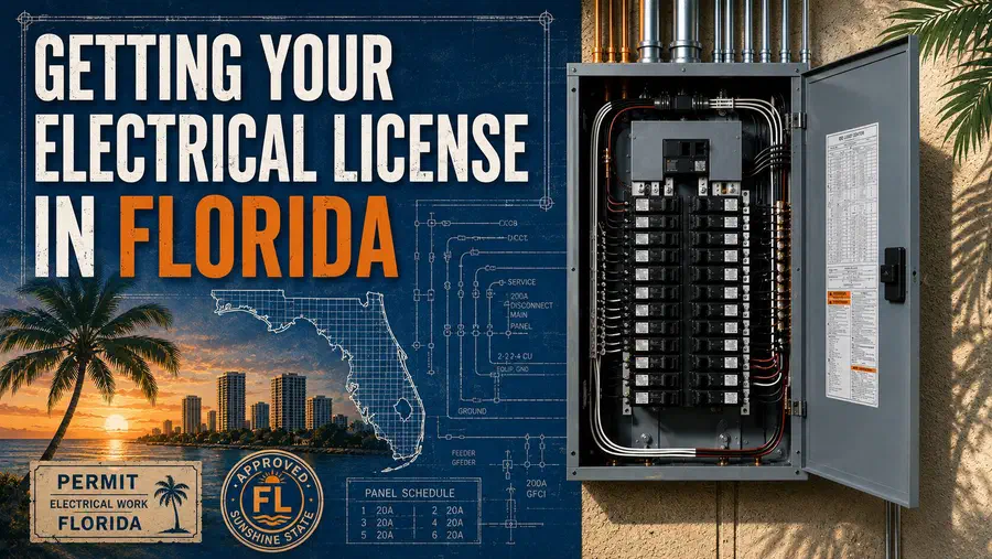 lorida-themed blueprint background with a detailed electrical panel, Florida state outline, coastal skyline, permit stamp graphics, palm trees, and the headline “Getting Your Electrical License in Florida.”