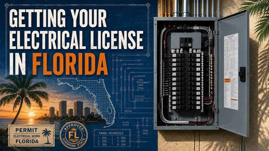lorida-themed blueprint background with a detailed electrical panel, Florida state outline, coastal skyline, permit stamp graphics, palm trees, and the headline “Getting Your Electrical License in Florida.”