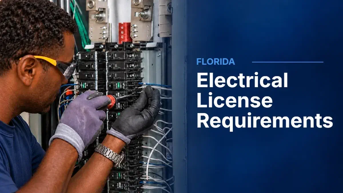 Electrician working in an open breaker panel, beside “Electrical License Requirements” and the label “Florida.”