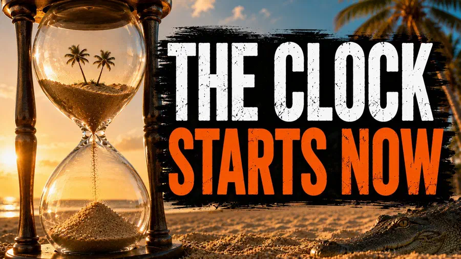 Hourglass with palm trees in the sand and an alligator on a Florida beach beside the headline "The Clock Starts Now."