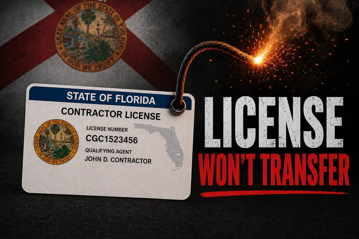 Florida contractor license card with a lit fuse burning toward it, set against a Florida flag backdrop, alongside the headline “LICENSE WON’T TRANSFER.”