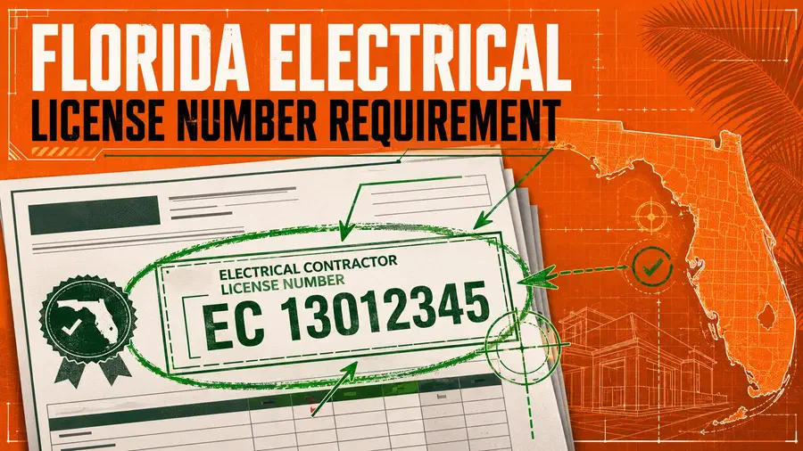 Florida electrical license number requirement highlighted on a construction invoice with compliance markings, blueprint annotations, and a Florida-themed orange and green regulatory design.