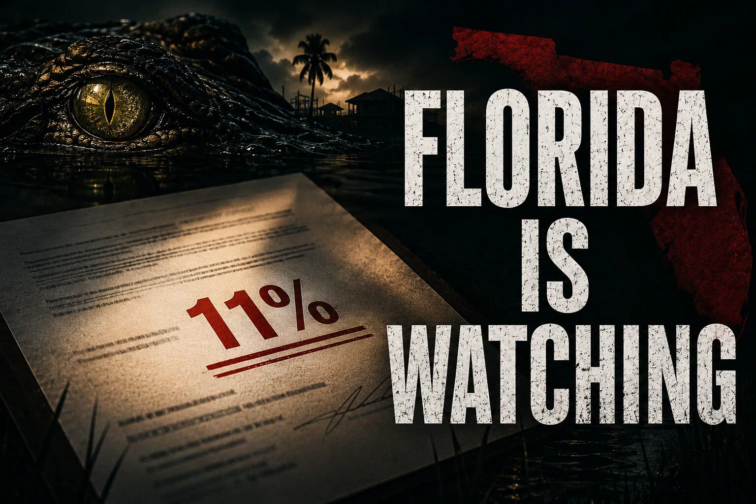 Dark Florida-themed illustration showing an alligator eye emerging from water beside a construction contract displaying an 11% deposit, with the headline "Florida Is Watching."