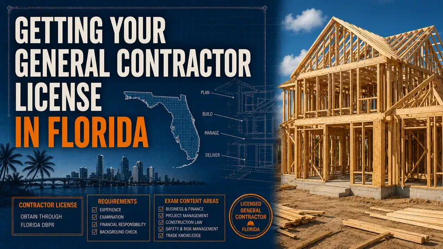 Blue construction blueprint background, Florida state outline, Miami skyline silhouette, licensing requirement panels, and a large wood-framed residential house under construction with exposed framing and roof trusses. Bold headline reads “Getting Your General Contractor License in Florida.”