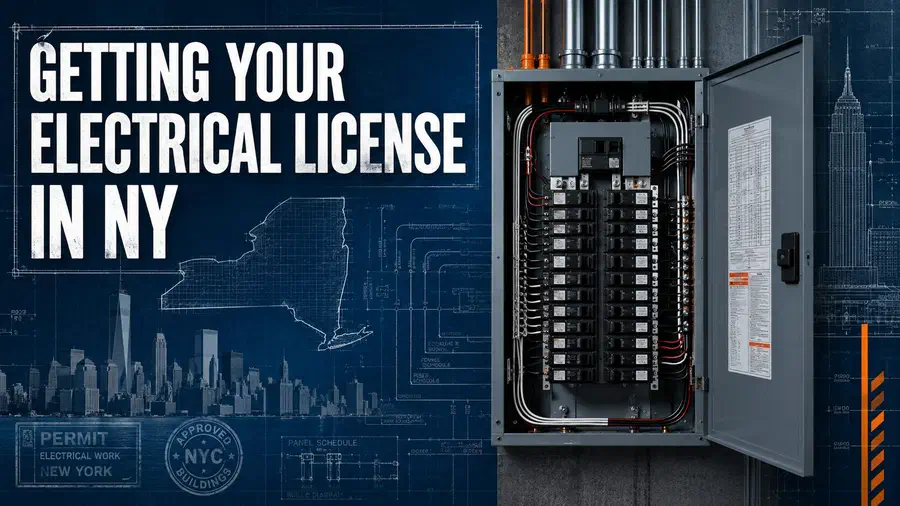 Electrical panel with New York blueprint background and headline about obtaining an electrical contractor license in New York.
