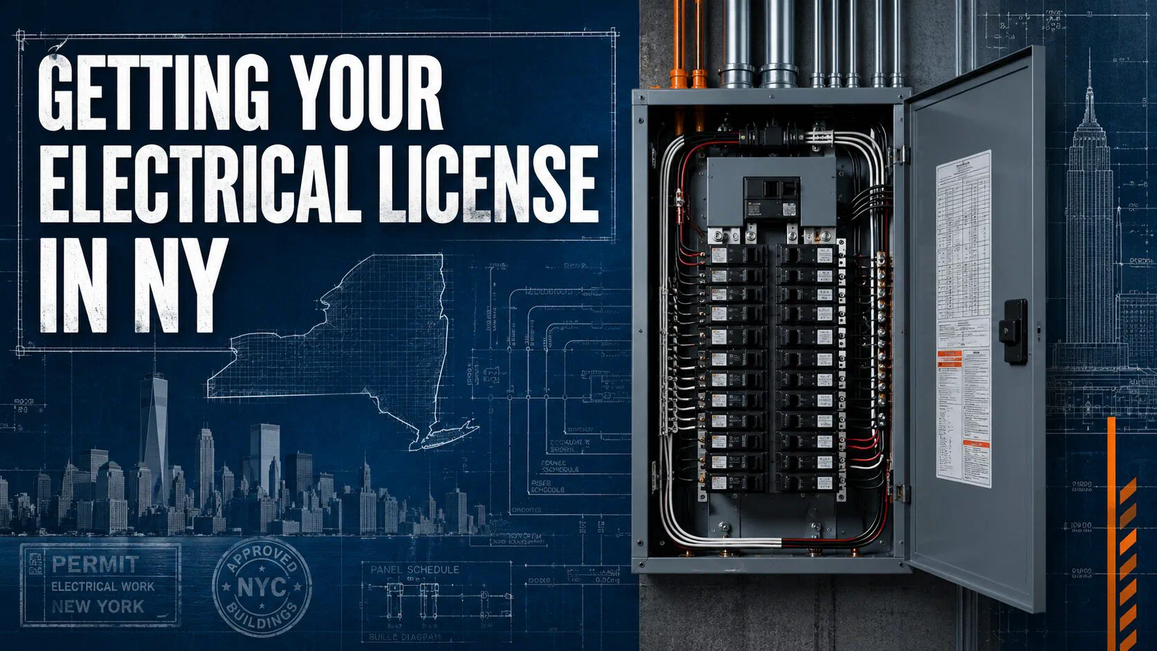 Electrical panel with New York blueprint background and headline about obtaining an electrical contractor license in New York.