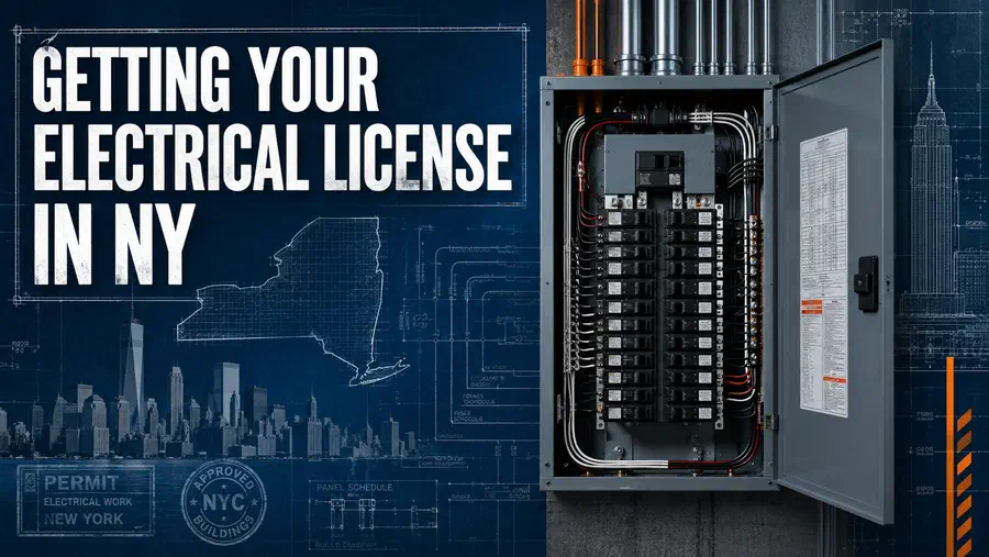 Electrical panel with New York blueprint background and headline about obtaining an electrical contractor license in New York.