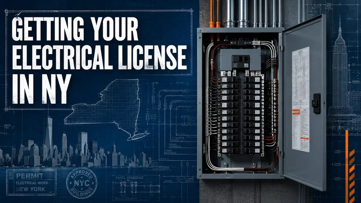 Electrical panel with New York blueprint background and headline about obtaining an electrical contractor license in New York.