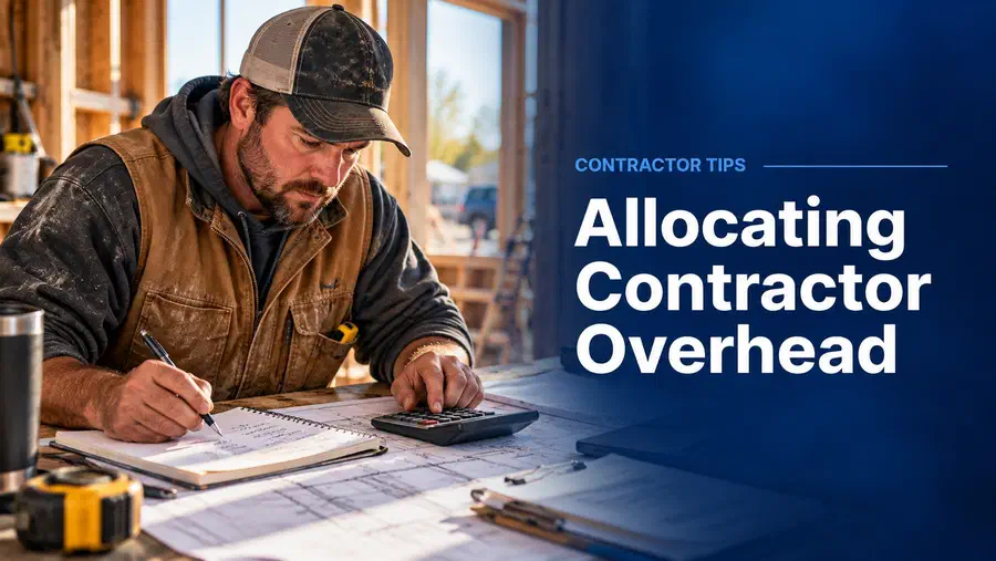 Contractor reviewing job estimates, construction plans, and overhead costs with a calculator.