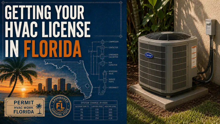 Blueprint background, Florida graphics, and a residential outdoor HVAC condenser unit installed on a concrete pad.
