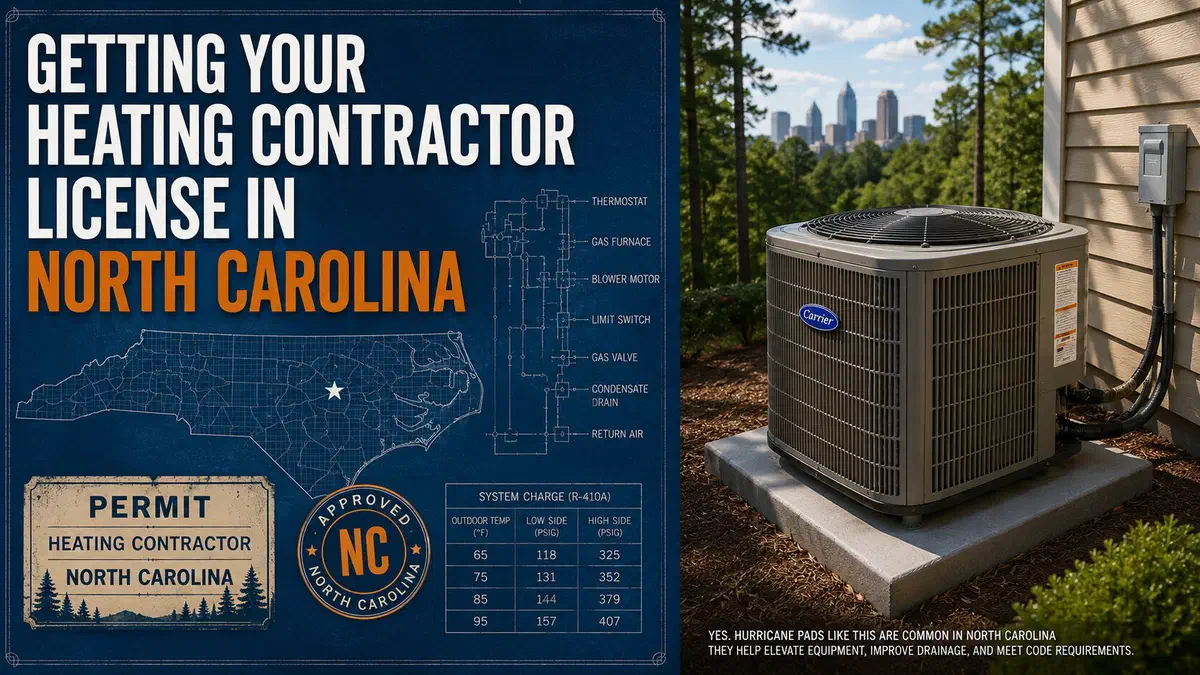 Illustration promoting North Carolina heating contractor licensing with a blueprint-style state map and an outdoor HVAC condenser beside a home.