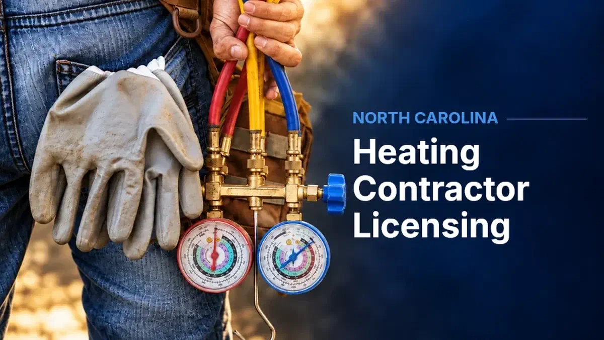 HVAC technician holding refrigerant gauges and hoses, beside “Heating Contractor Licensing” and the label “North Carolina.”