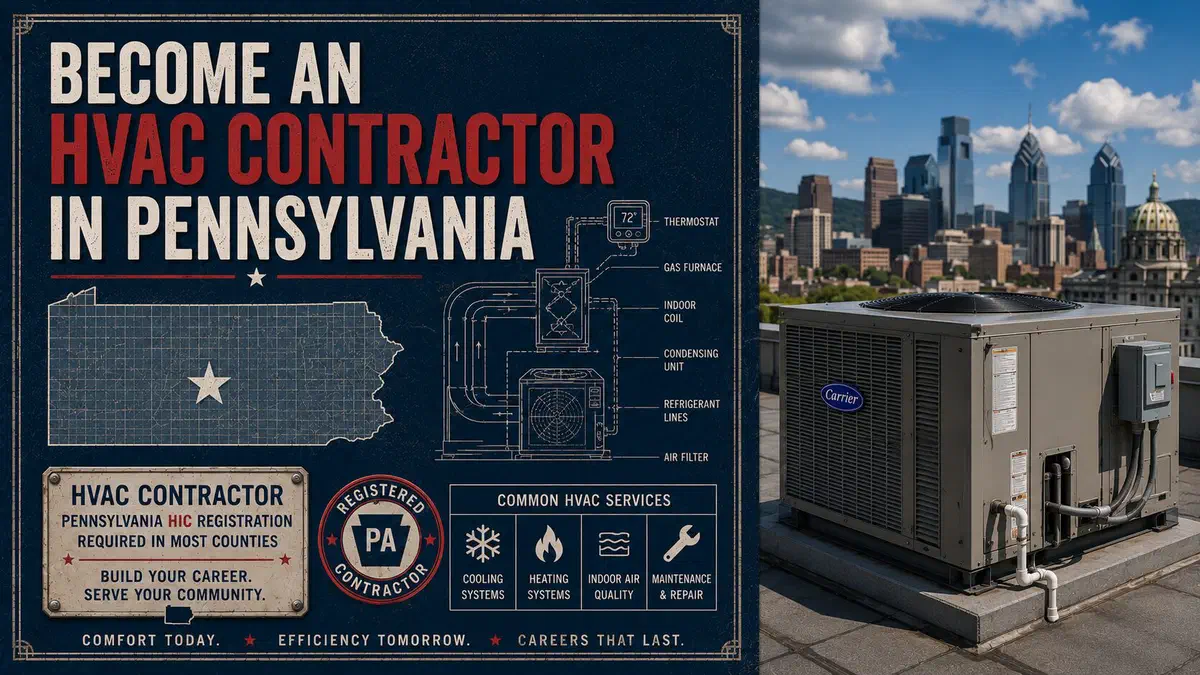 Commercial rooftop HVAC unit with the Pennsylvania skyline beside a graphic about becoming an HVAC contractor.