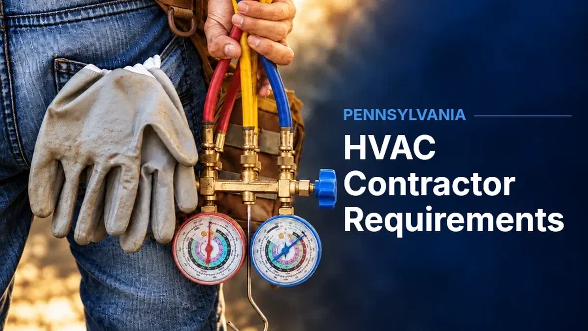 HVAC technician holding refrigerant gauges and hoses, beside “HVAC Contractor Requirements” and the label “Pennsylvania.”