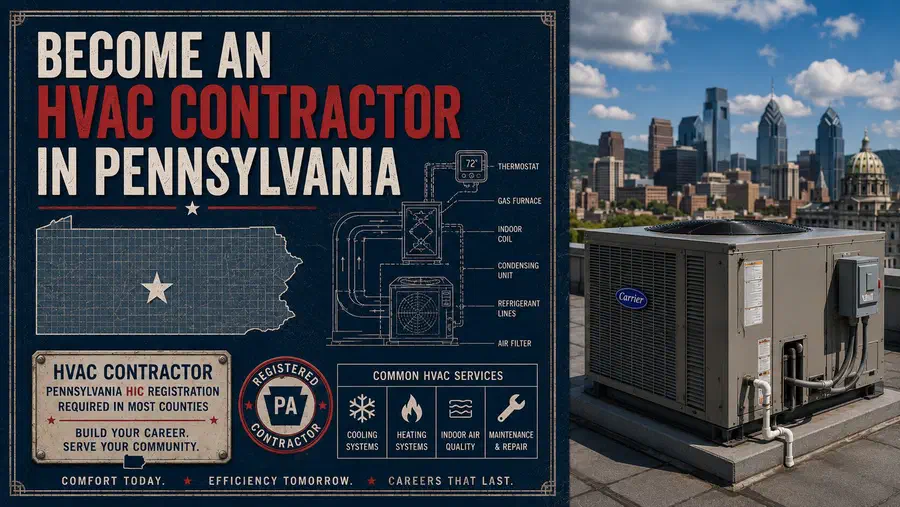 Commercial rooftop HVAC unit with the Pennsylvania skyline beside a graphic about becoming an HVAC contractor.