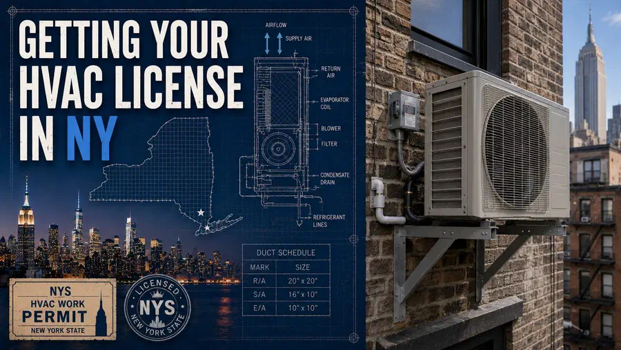 New York HVAC contractor license guide featuring a blueprint background, New York skyline, and a wall-mounted mini-split outdoor condenser.