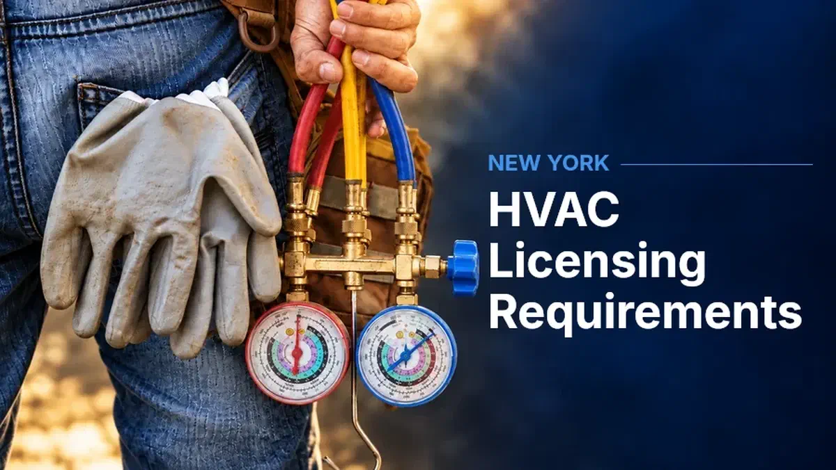 HVAC technician holding refrigerant gauges and hoses, beside “HVAC Licensing Requirements” and the label “New York.”