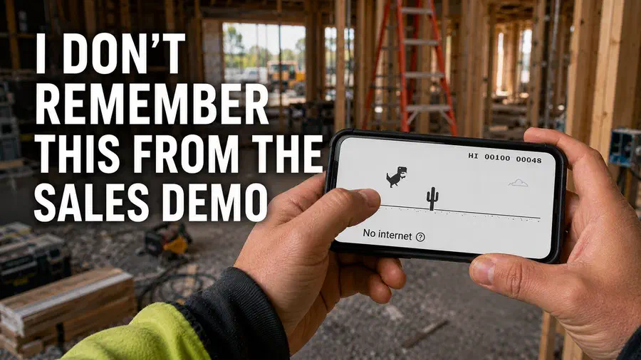 Contractor on a construction site holding a smartphone and playing the Chrome offline dinosaur game, with the dinosaur jumping over a cactus and the headline “I DON’T REMEMBER THIS FROM THE SALES DEMO” displayed beside the screen.