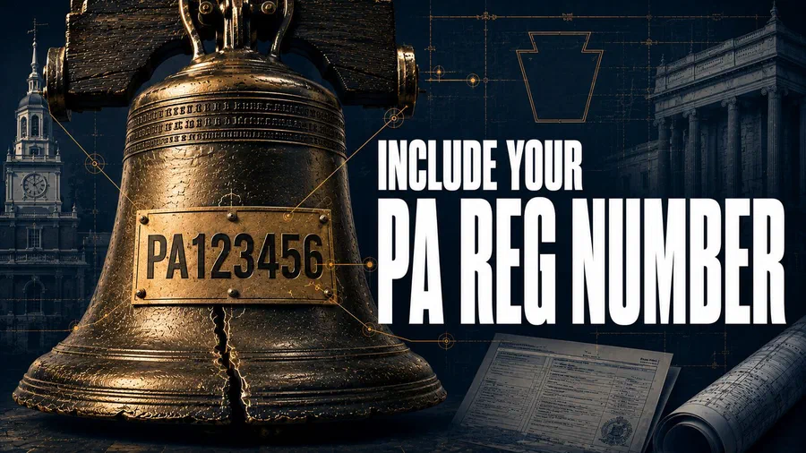 Liberty Bell with Pennsylvania contractor registration plate displaying PA123456, surrounded by blueprint-style compliance callouts and Philadelphia-inspired architectural elements, alongside bold text reading “INCLUDE YOUR PA REG NUMBER.”
