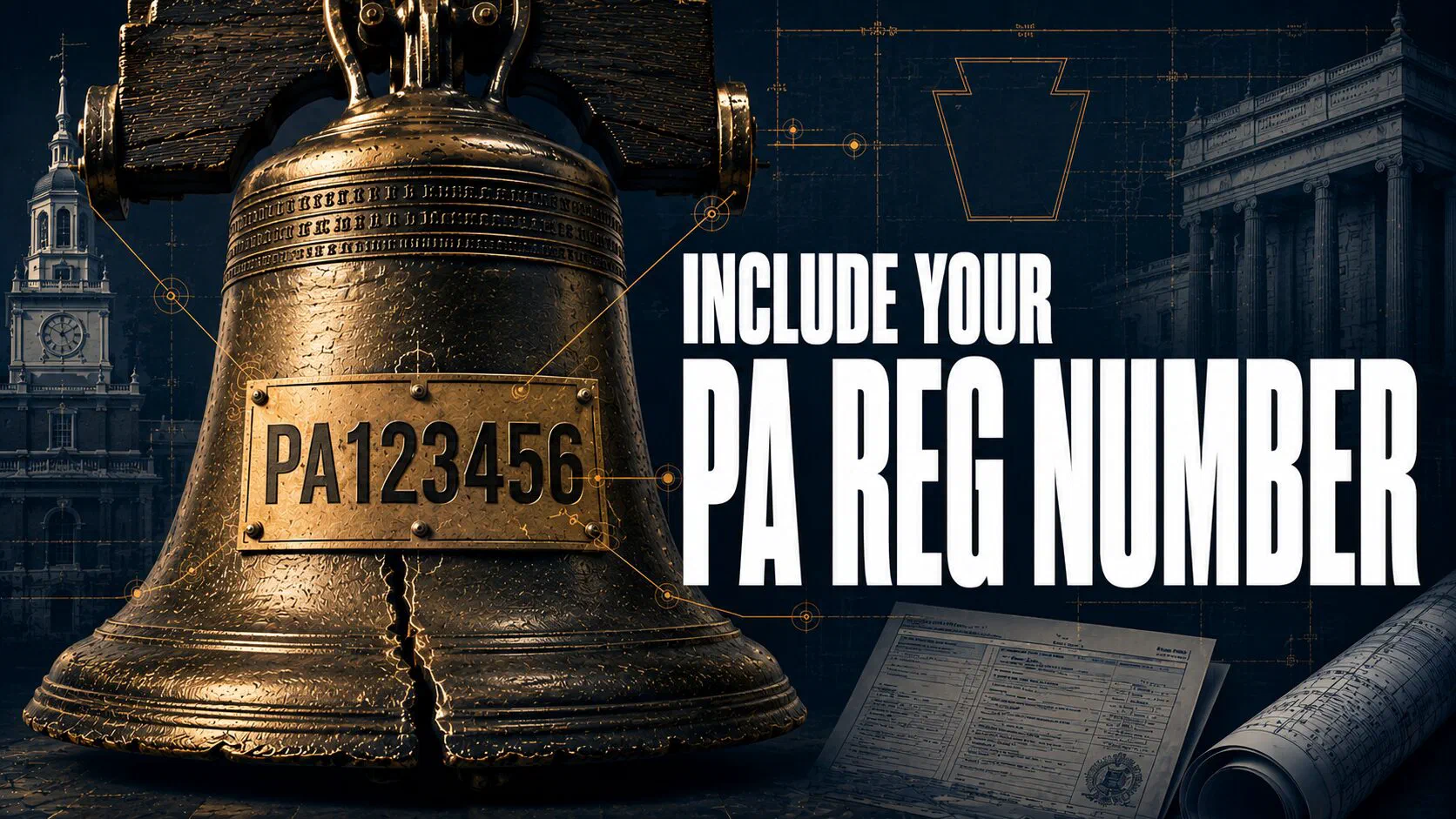 Liberty Bell with Pennsylvania contractor registration plate displaying PA123456, surrounded by blueprint-style compliance callouts and Philadelphia-inspired architectural elements, alongside bold text reading “INCLUDE YOUR PA REG NUMBER.”